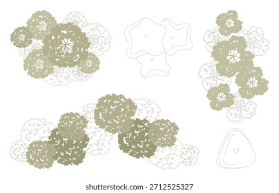 Top view trees for architectural plans and landscape design. Minimal vector illustration for urban planning, site plans, and architectural entourage.
