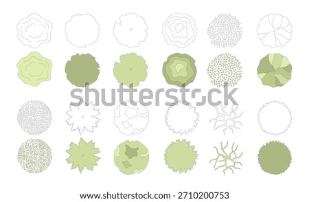 Top view trees for architectural plans and landscape design. Minimal vector illustration for urban planning, site plans, and architectural entourage.