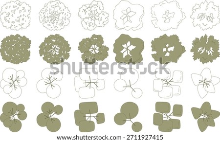 Top view trees for architectural plans and landscape design. Minimal vector illustration for urban planning, site plans, and architectural entourage.