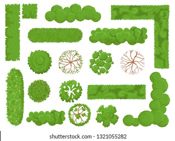Top View Trees And Bushes. Forest Tree, Green Park Bush And Plant Map Elements Look From Above. Garden Landscape, Tree Planting Nature Environment Isolated Vector Icons Set