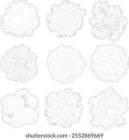 top view trees, cad outlined set of trees	