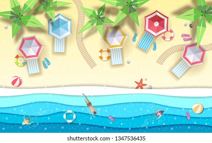 Top view of tropic summer beach with ocean background. Paper cut out art design
