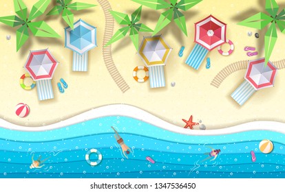 Top view of tropic summer beach with ocean background. Paper cut out art design
