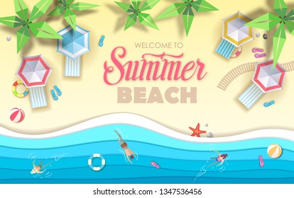 Top view of tropic summer beach with ocean background. Paper cut out art design