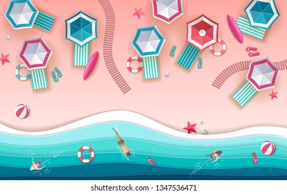 Top view of tropic summer beach with ocean background. Paper cut out art design