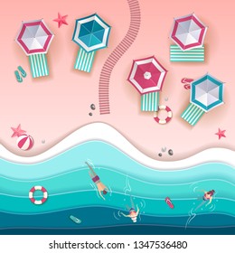 Top view of tropic summer beach with ocean background. Paper cut out art design