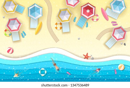 Top view of tropic summer beach with ocean background. Paper cut out art design