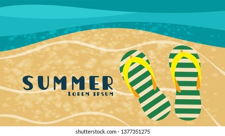 Top view tropical beach accessories on sand and wave,Summer Holiday beautiful web banner background. Vector illustration