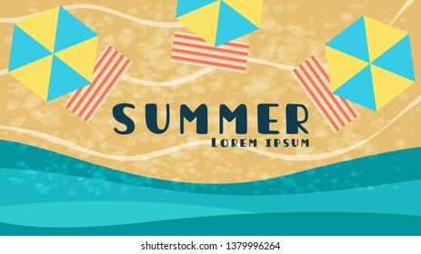 Top view tropical beach accessories on sand and wave,Summer Holiday beautiful web banner background. Vector illustration