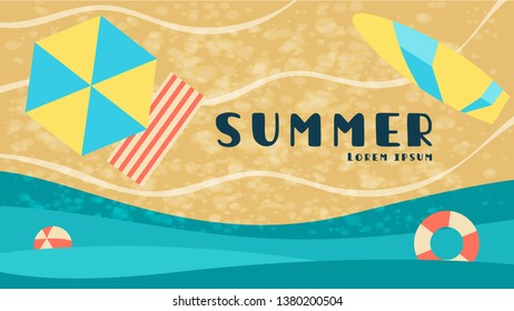 Top view tropical beach accessories on sand and wave,Summer Holiday beautiful web banner background. Vector illustration