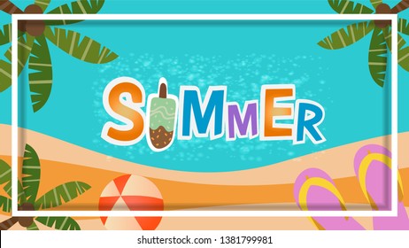 Top view tropical beach accessories on sand and wave,Summer Holiday beautiful web banner background. Vector illustration