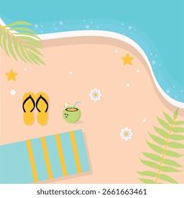 Fondo de playa tropical de vista superior en diseño de dibujos animados. Ilustración vectorial.