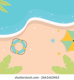 Top View Tropical Beach Background in Cartoon Design. Vector Illustration.