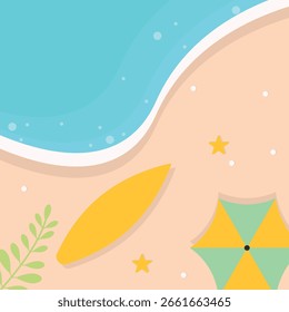 Fondo de playa tropical de vista superior en diseño de dibujos animados. Ilustración vectorial.