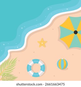 Top View Tropical Beach Background in Cartoon Design. Vector Illustration.