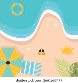 Fondo de playa tropical de vista superior en diseño de dibujos animados. Ilustración vectorial.