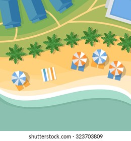 Top view of a tropical beach. Palm trees, umbrellas and lounge chairs on the beachfront. Summer holiday. Vector Illustration, flat design style.