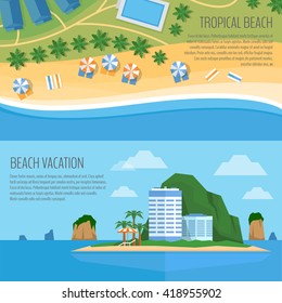 Top view of a tropical beach. Palm trees, umbrellas and lounge chairs on the beachfront. Summer holiday. Vector Illustration, flat design style.