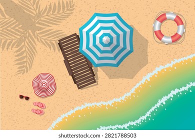 Top view tropical beach scene with blue striped umbrella, wooden sun lounger, lifebuoy, red striped hat, sunglasses, flip-flops and colourful ocean waves on sandy shore.