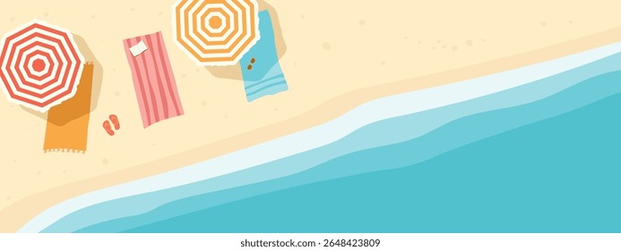top view of tropical beach with umbrellas, towels and flip-flops; perfect for travel blogs, summer-themed projects, and vacation-related content- vector illustration