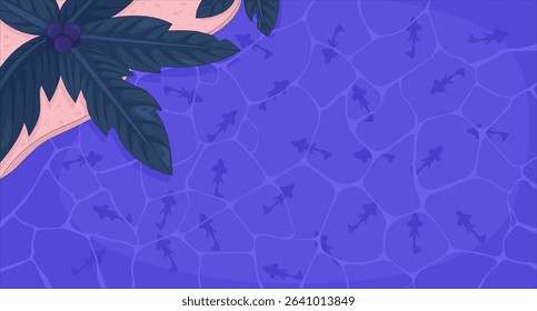 Top view tropical swimming pool with fishes and palm-tree flat illustration background. Resort poolside, beach edge overhead. Swimmingpool 2D cartoon lofi backdrop. Colorful scene vector art image