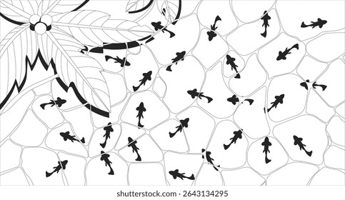 Top view tropical swimming pool with fishes and palm-tree line illustration backdrop. Resort poolside, beach edge overhead. Swimmingpool 2D ink outline monochrome lo-fi background. Lineart vector