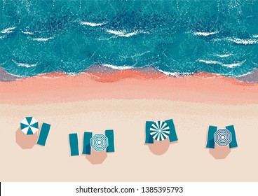 top view of the turquoise sea and the beach with sun loungers and umbrellas without people