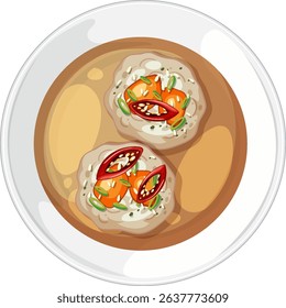 Top view of two Asian dumplings with vibrant garnishes on a white plate. Clean lines and warm colors enhance the appetizing look