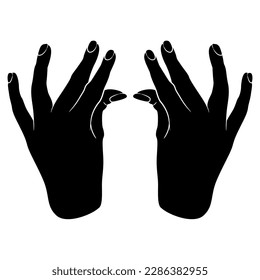 Top view of two beautiful female hand in pinch gesture. Black and white silhouette. 