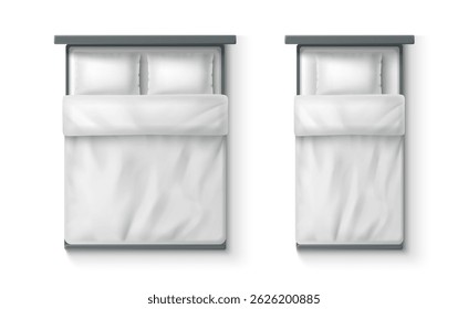 Top view of two beds - double and single with white bedding, blanket and pillows. Gray bed frame and headboard. Realistic 3d bedroom furniture, interior design element for night slipping and relax.