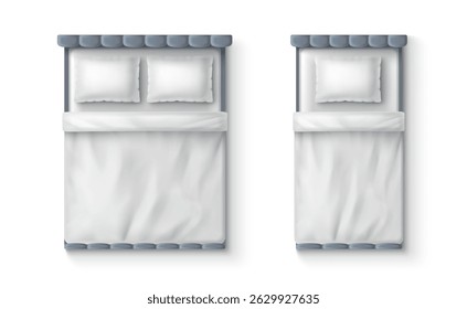 Top view of two beds - single and double with white bedding and pillows, gray headboard frame. 3d realistic bedroom furniture above for interior design, night sleeping or textile brand concept.