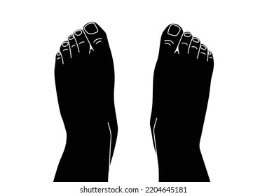 Top view of two black bare human feet. Foot legs. Vector flat silhouette illustration