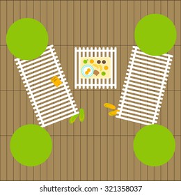 Top view of two deckchairs, book on one of it, four decorative round trees, one table with breakfast for two on tray, two pairs of slippers and wooden flooring. Flat style illustration. Flat lay