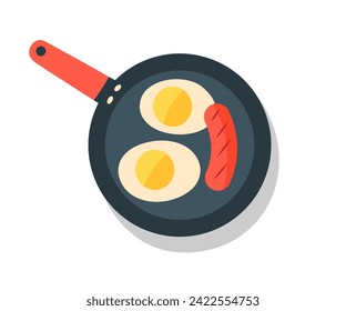Draufsicht von zwei frittierten Eiern und Wurst auf Pfanne. Frühstückssymbol. Heimkochen, Vektorgrafik in Retro-trendigen Farben.
