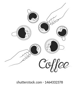 Top view of two hands holding cappuccino and americano coffee cups in outline. Afternoon or morning conversation or business meeting coffee break or student study. 