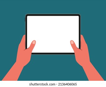 Top view of two hands using and holding a blank tablet for social media, working, content creator, study gaming or lecture flat vector illustration on white screen. Working on blank space tablet.