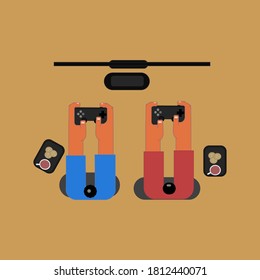 Top view of two men playing a racing game.