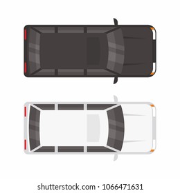 Top view Two minivan car. White and black