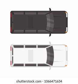 Top view Two minivan car. White and black