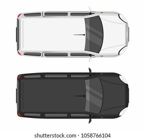 Top view Two minivan cars. White and black. Isolated on white background