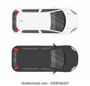 Top view Two minivan cars. White and black. Isolated on white background