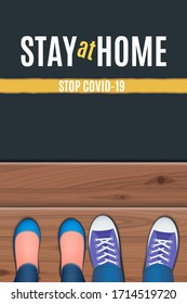 Top view of two pairs of legs shoes standing on a wooden porch. Stay home during COVID-19 coronavirus outbreak. Realistic vector illustration
