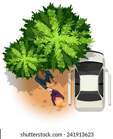 Top view of two people standing near a car