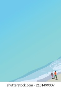 Vista superior de dos personas caminan en la playa de arena cerca del color verde del mar y el cielo azul. Ilustración de fondo para el afiche del día de la limpieza de la tierra