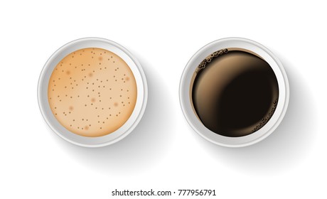 Top view of two takeaway paper coffee cups isolated on the white background.Realistic vector composition. Coffee without and with milk.