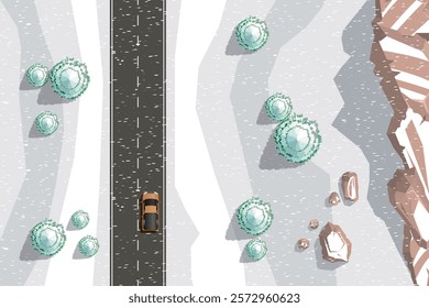 Top view of a two-lane highway running between snow-covered fields. Snow-covered trees and fir trees grow along the road. There are brown rocky mountains in the snow. View from above. Aerial.