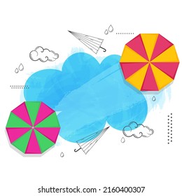 Top View Of Umbrella With Drops, Clouds And Copy Space On White And Blue Brush Effect Background.