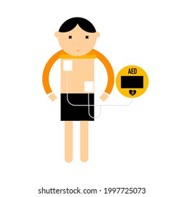 Top view of a unconscious man with Automatic External Defibrillator or AED on white background. Basic life support and First aid skill training.