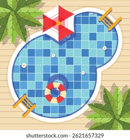 Top view of uniquely shaped round pool with summer props like umbrella, palm leaves, and lifebuoy. Perfect for fun holiday designs.