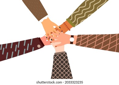 top view Unity and teamwork. Business people putting their hands together on white backgrounds.